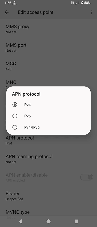 Change APN protocol to IPv4