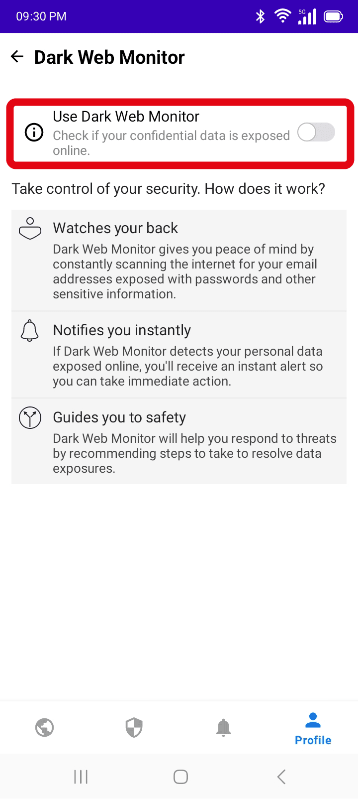 Dark Web Monitor toggle