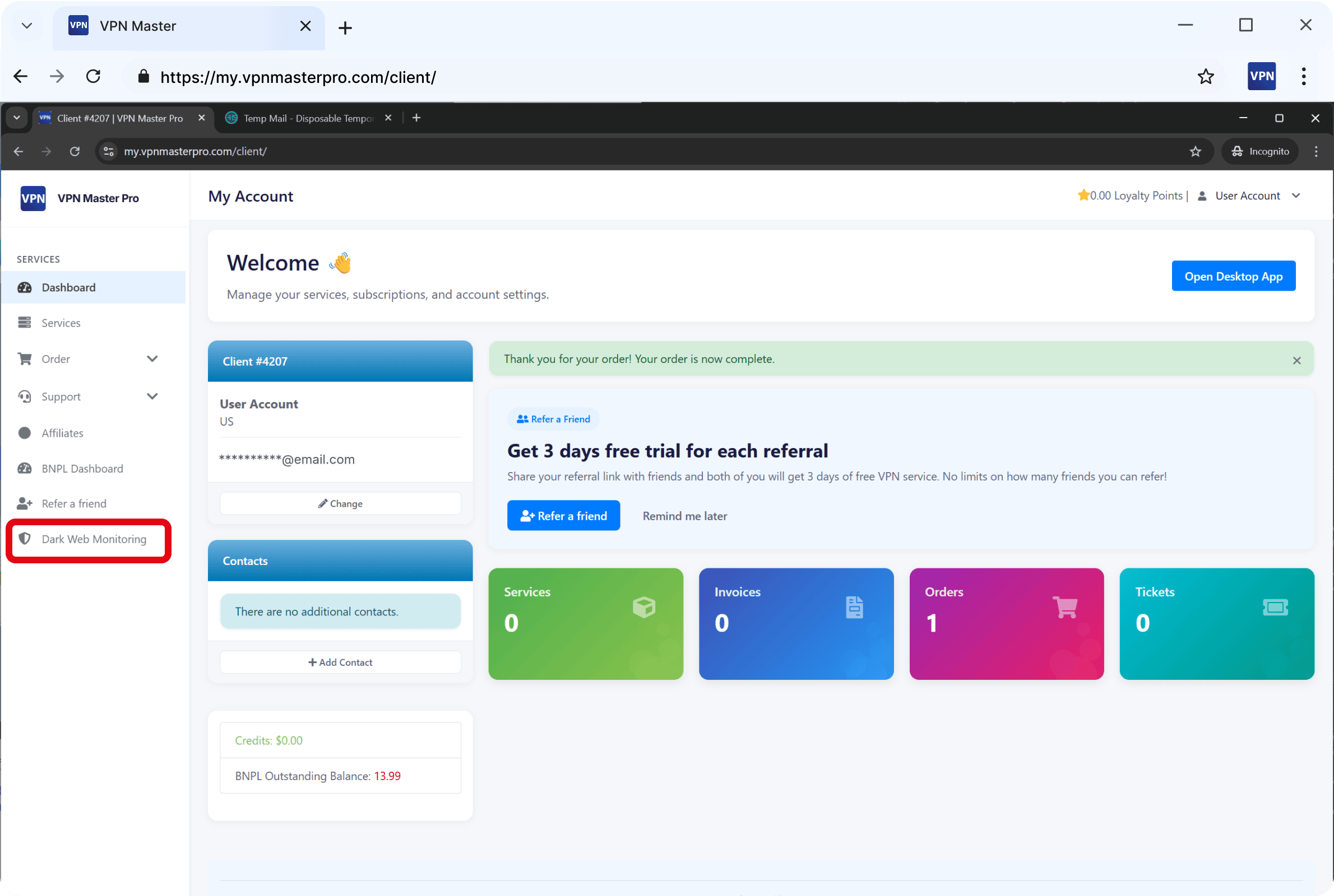 Dark Web Monitor in dashboard navigation