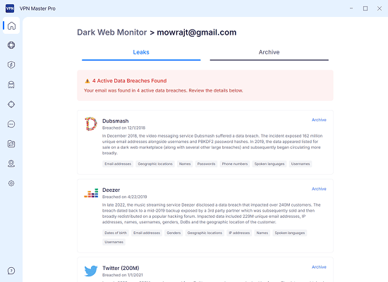 Details of monitored email