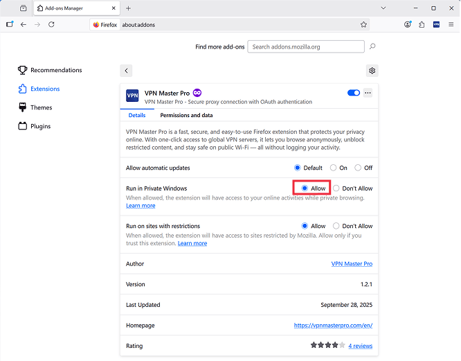 Firefox allow private