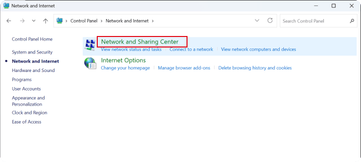 Control Panel Network and Sharing Center