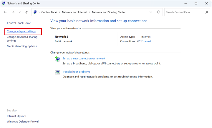 Control Panel Network and Internet settings