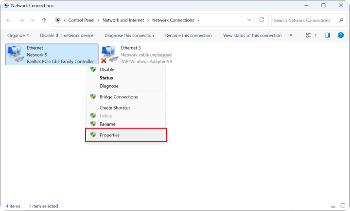 Control Panel Change adapter settings