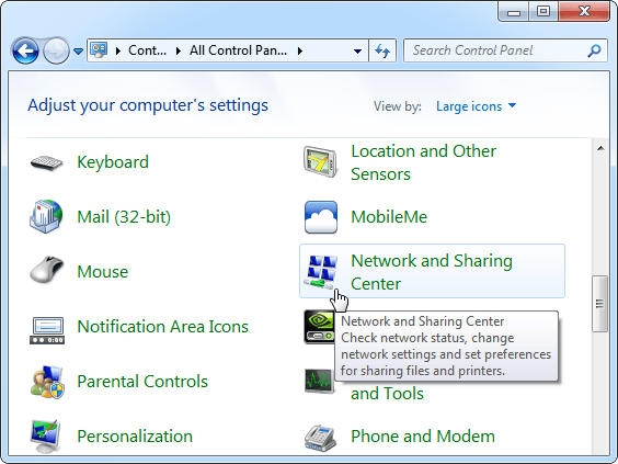 Control Panel Network and Internet settings