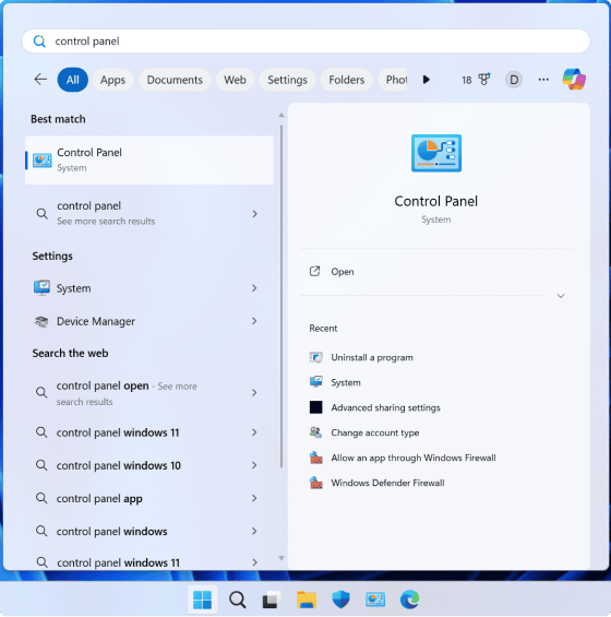 Windows search showing Control Panel